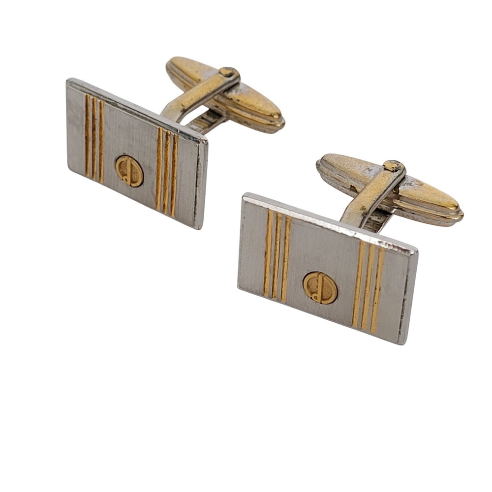 Dunhill Vintage Two Tone Silver Gold Pinstripe Logo Cufflinks Rectangular Fair